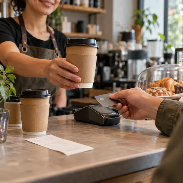 Una barista entrega un café para llevar mientras el cliente paga con tarjeta en el mostrador