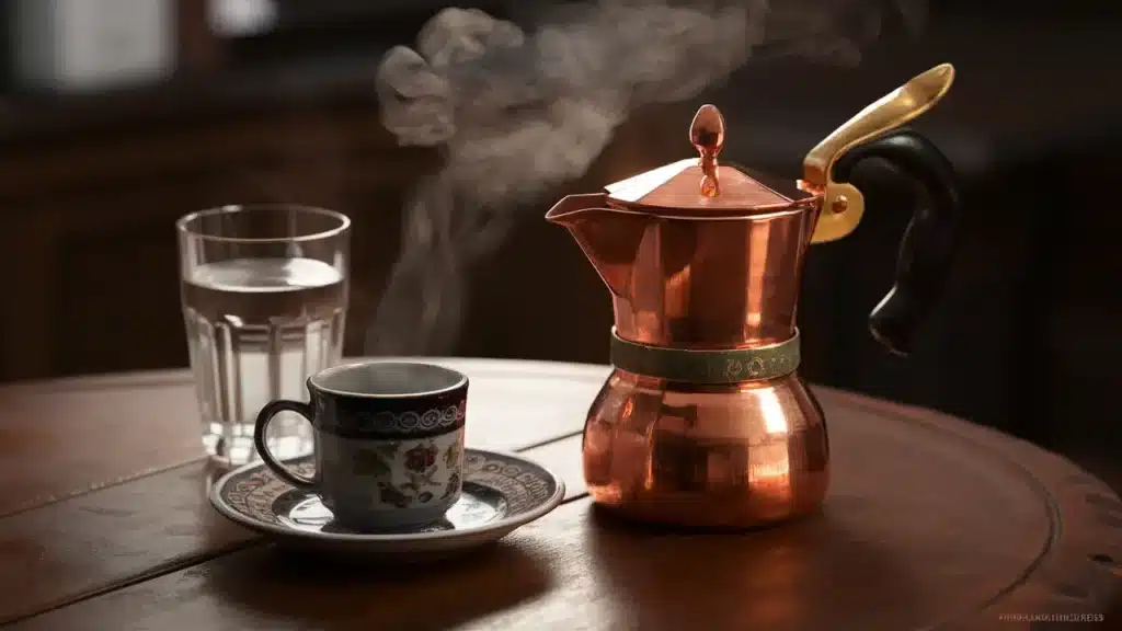 Conjunto de café turco tradicional com pote de cobre, xícara de porcelana, e um copo de água sobre uma mesa de madeira.