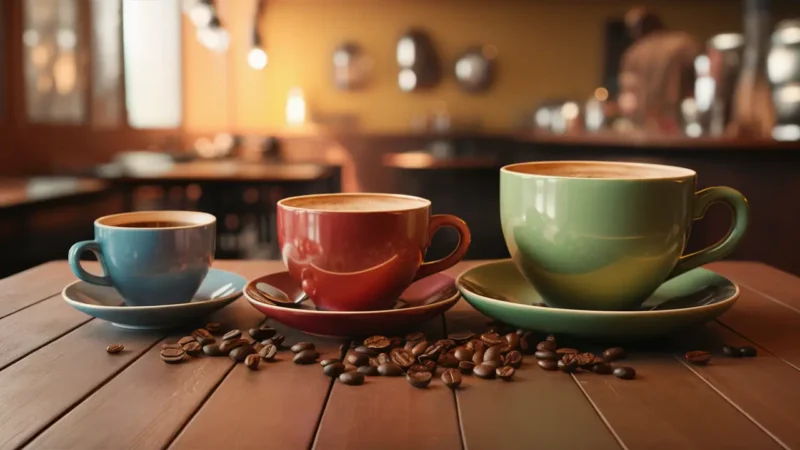 Mesa de madeira com três xícaras de café de diferentes tamanhos e cores e grãos de café ao redor.