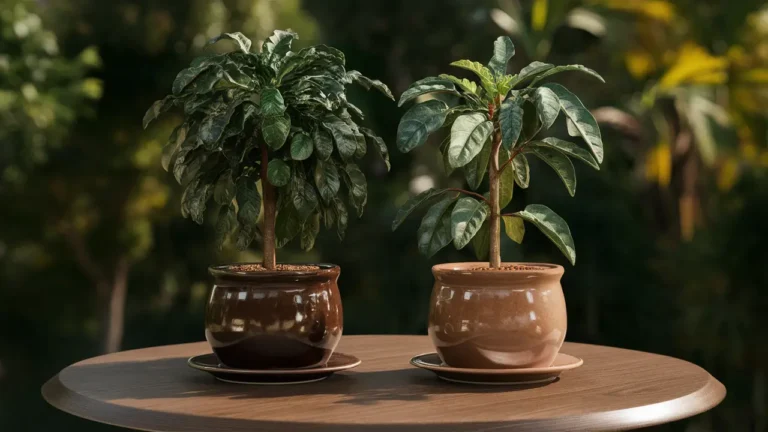 Duas plantas de café, uma com grãos Robusta e outra com Arábica, em vasos de cerâmica marrom sobre mesa de madeira.
