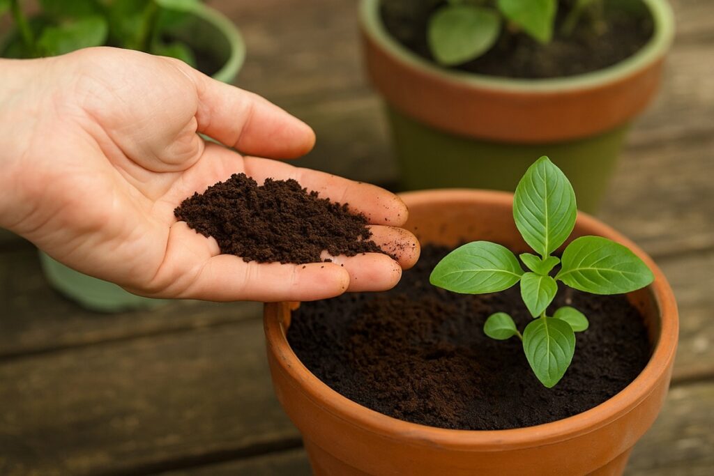 Espalhar borra de café nos vasos de plantas