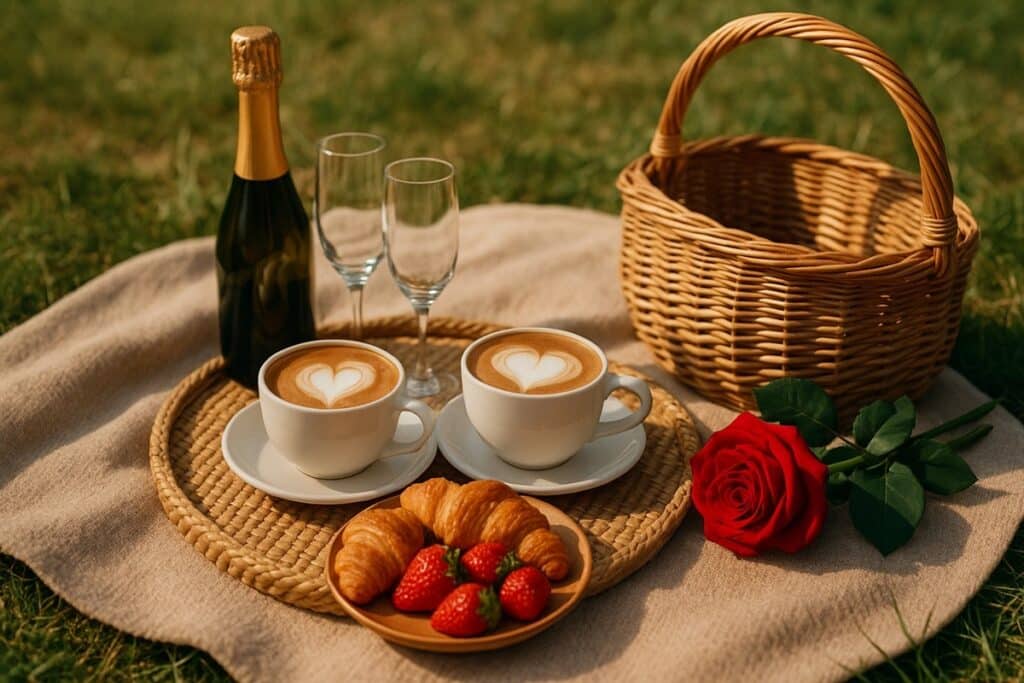 Piquenique romântico com café especial ao ar livre