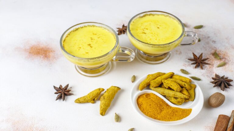 Traditional indian drink turmeric golden milk .