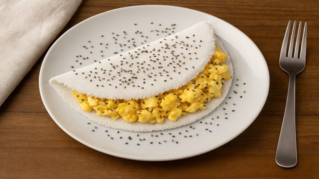 afé da manhã fitness com Tapioca com ovos mexidos e chia