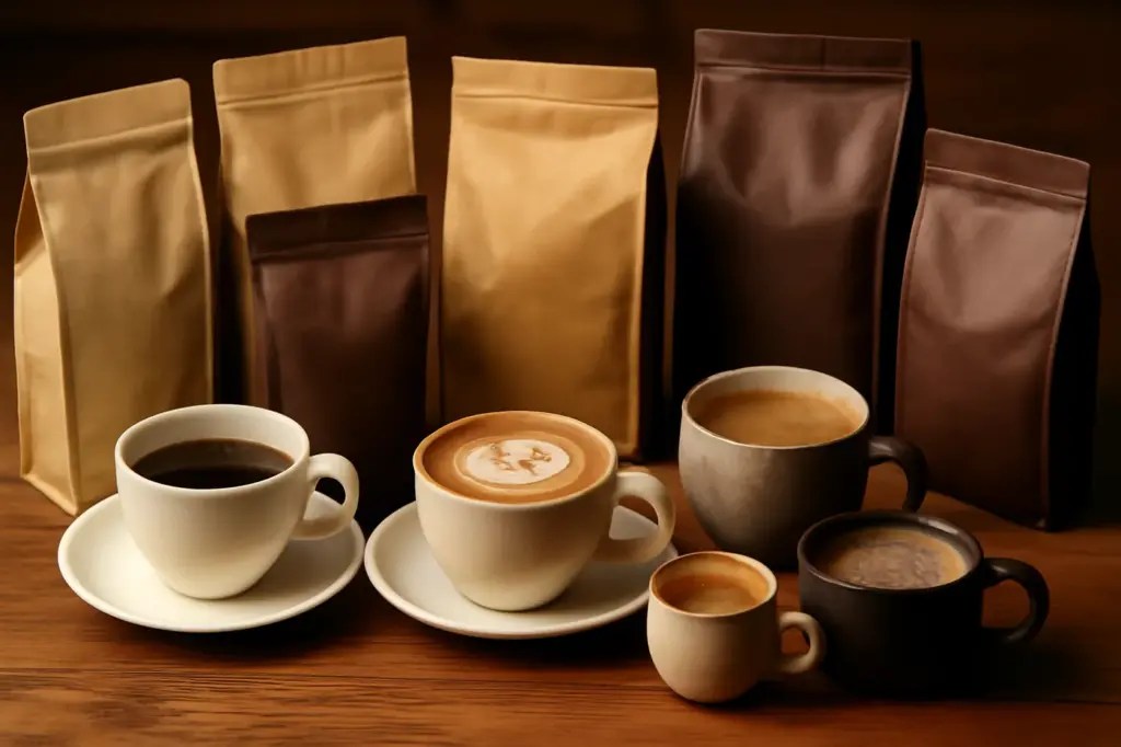 Várias embalagens e xícaras de café de diferentes marcas sobre uma mesa de madeira