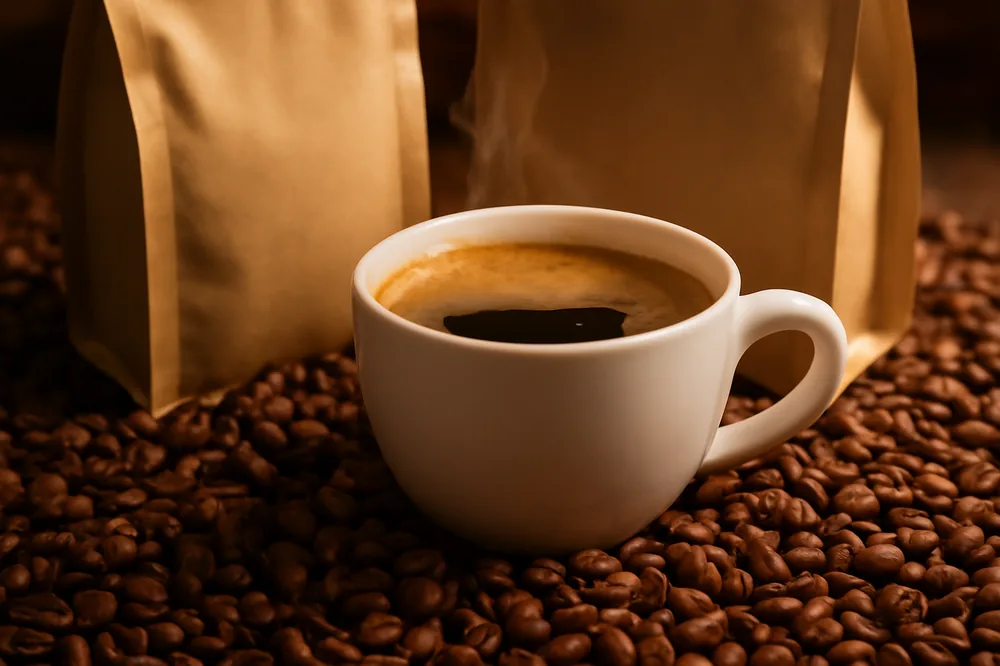 Grãos de café torrado e uma xícara ao lado de embalagens variadas