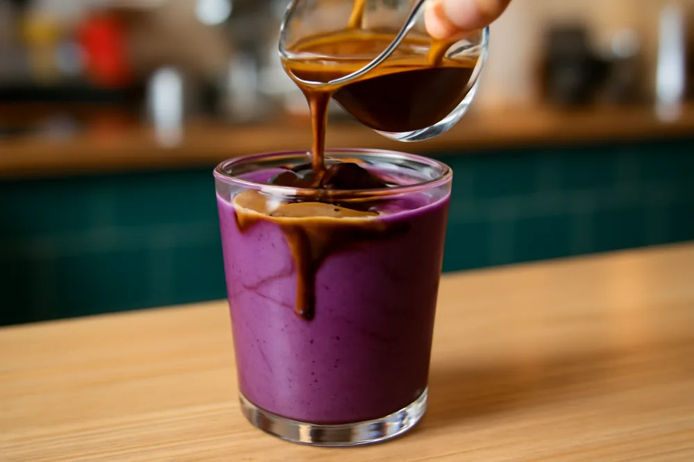 Copo de açaí roxo recebendo um shot de espresso