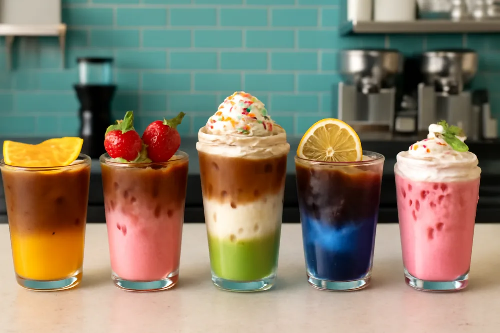 Balcão de cafeteria com bebidas criativas de café e frutas