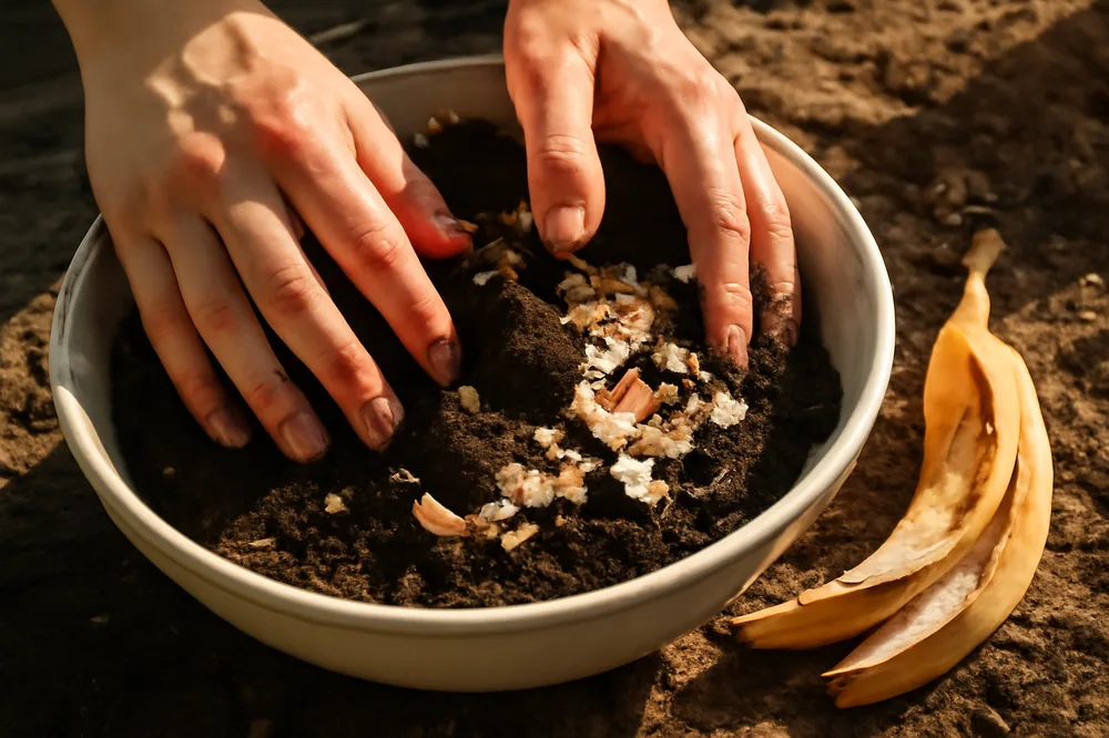 Mãos misturando borra de café e casca de ovo na terra