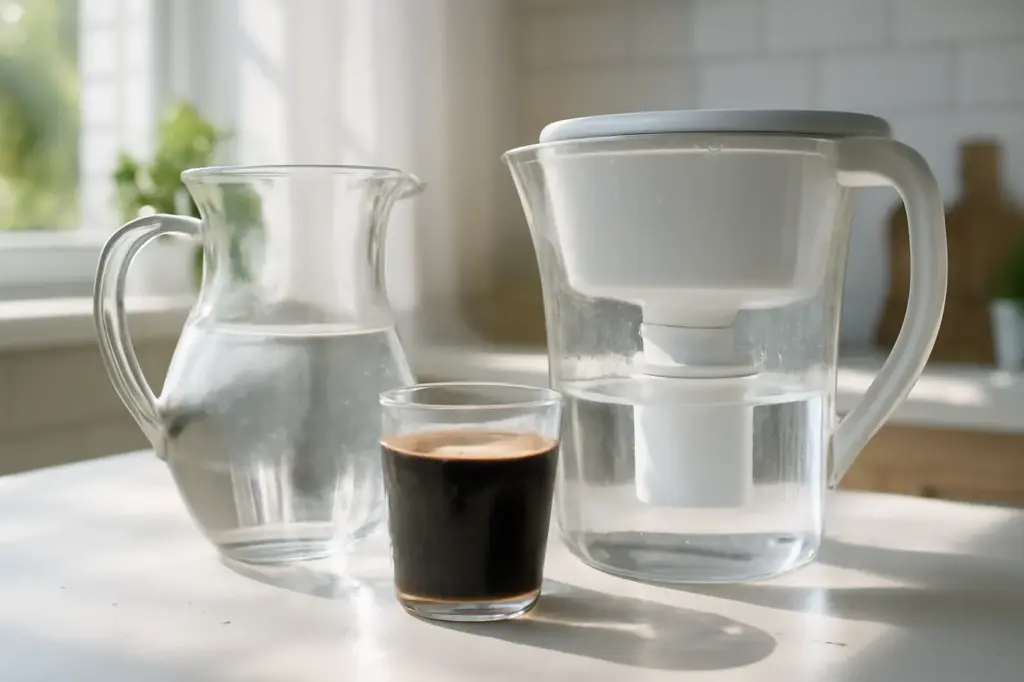 Jarra de água ao lado de uma xícara de café e um filtro de água