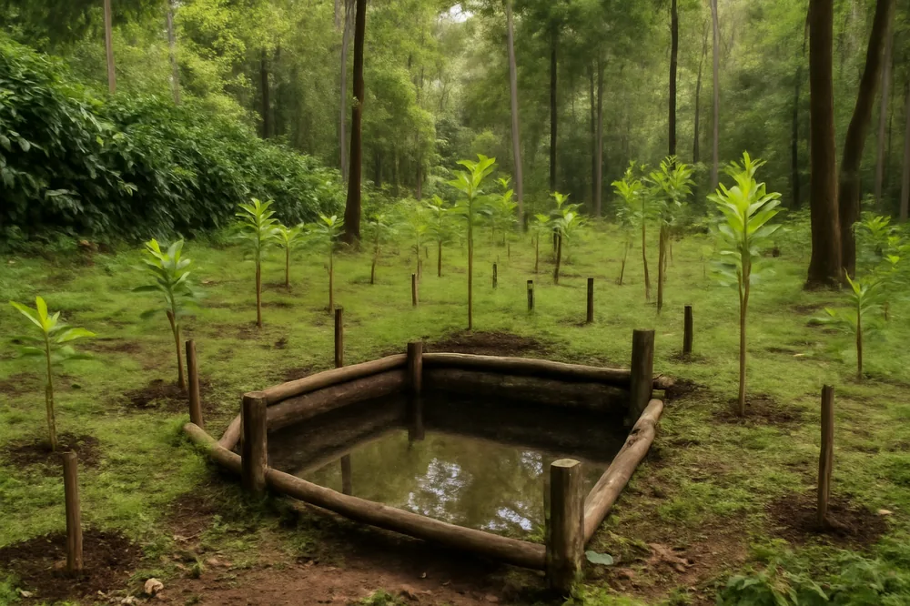 Nascente protegida com mudas nativas plantadas ao redor, ao lado da lavoura