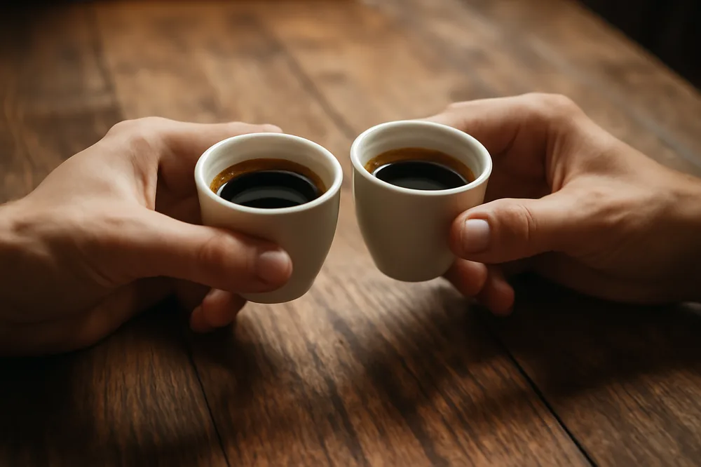 Duas mãos brindando com xícaras de café sobre uma mesa