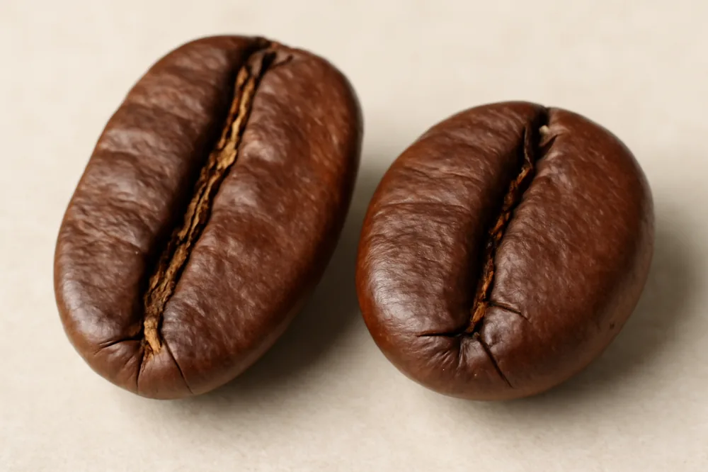 Comparação em close de um grão de arábica e um de robusta