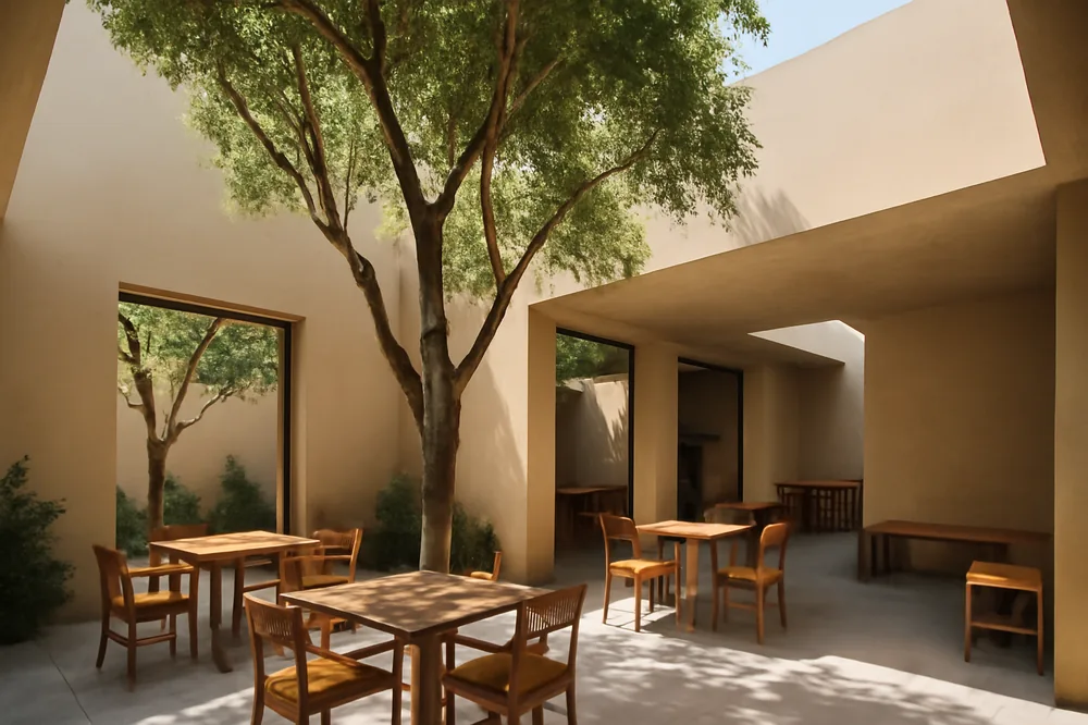 Cafeteria brasileira de design com pátio interno e árvores preservadas