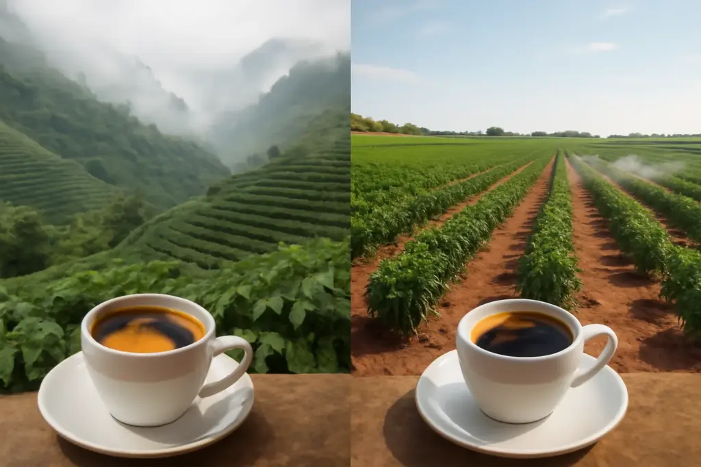 Paisagem dividida entre lavouras de café de montanha com neblina e lavouras planas ensolaradas