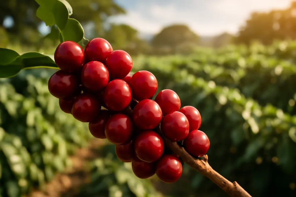 Frutos de café maduros num galho com a lavoura ao fundo