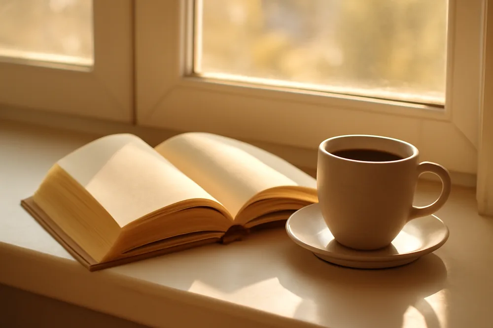 Livro aberto de bruços ao lado de uma xícara de café no parapeito da janela
