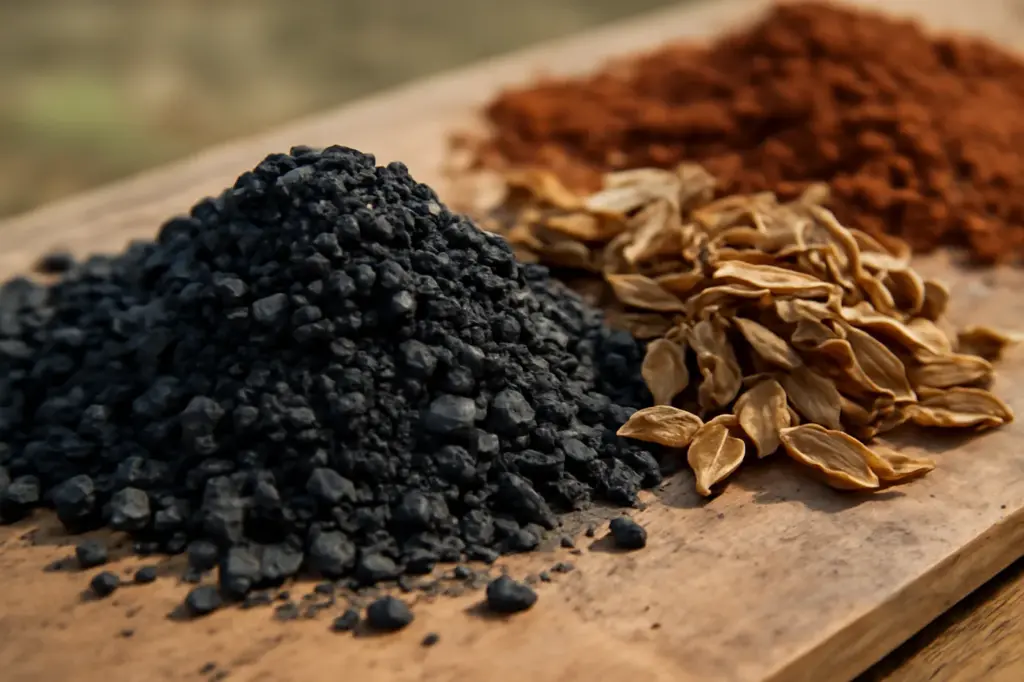 Grânulos escuros de biocarvão ao lado de cascas de café sobre solo vermelho