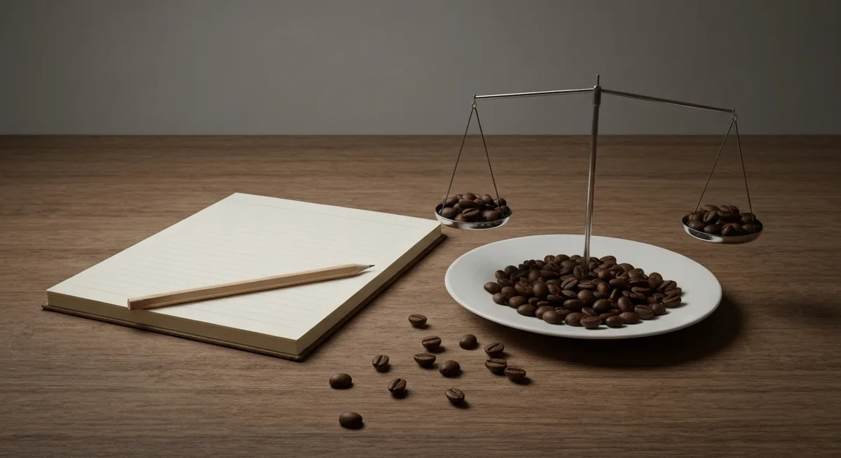 Balança de precisão com grãos de café e caderno de anotações