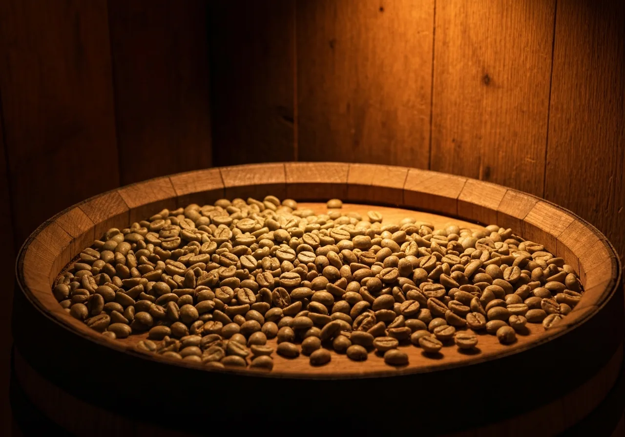 Grãos de café verde num barril de carvalho