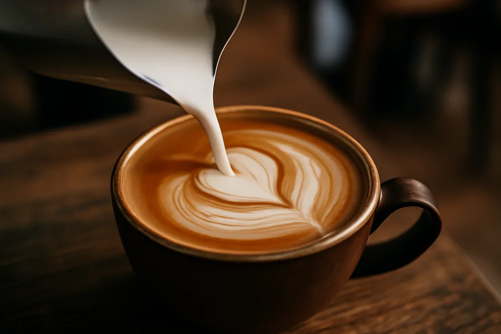 Leite vaporizado sendo despejado num espresso formando cappuccino