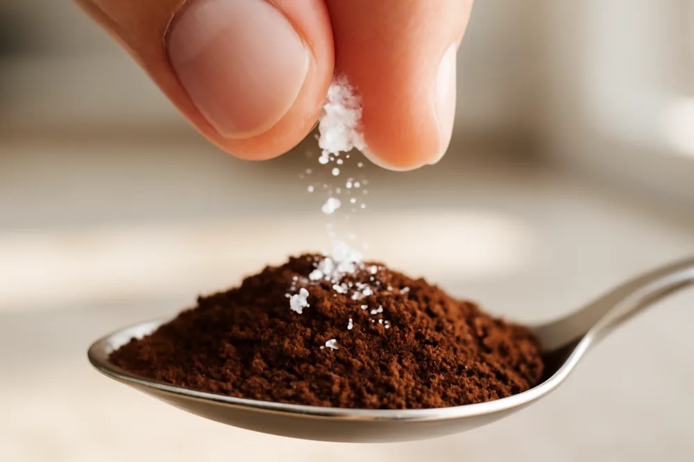 Uma pitada de bicarbonato sendo adicionada ao pó de café