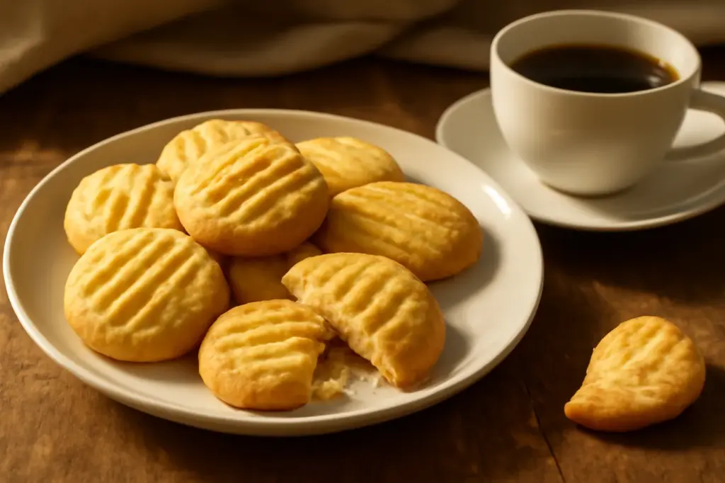 Biscoitinhos amanteigados dourados num prato ao lado de uma xícara de café