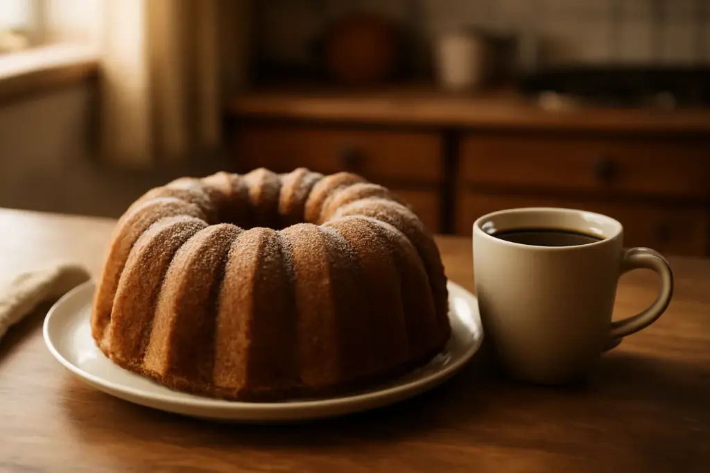 Bolo de café assado num prato com uma xícara de café ao lado