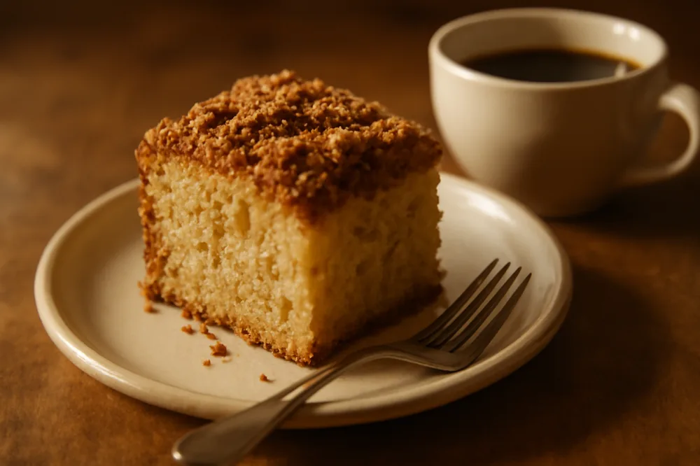 Fatia de bolo de café fofinho num prato com uma xícara ao lado