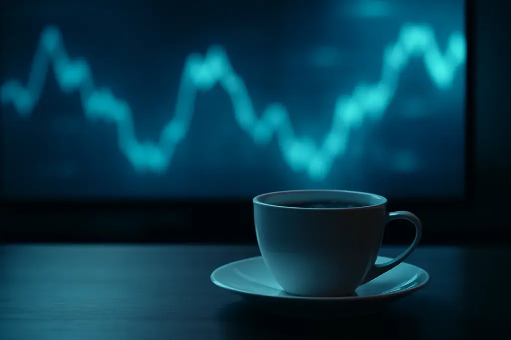 Xícara de café à frente de uma tela luminosa e desfocada com linhas de gráfico