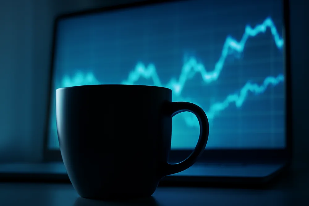 Xícara de café diante de uma tela desfocada com gráficos