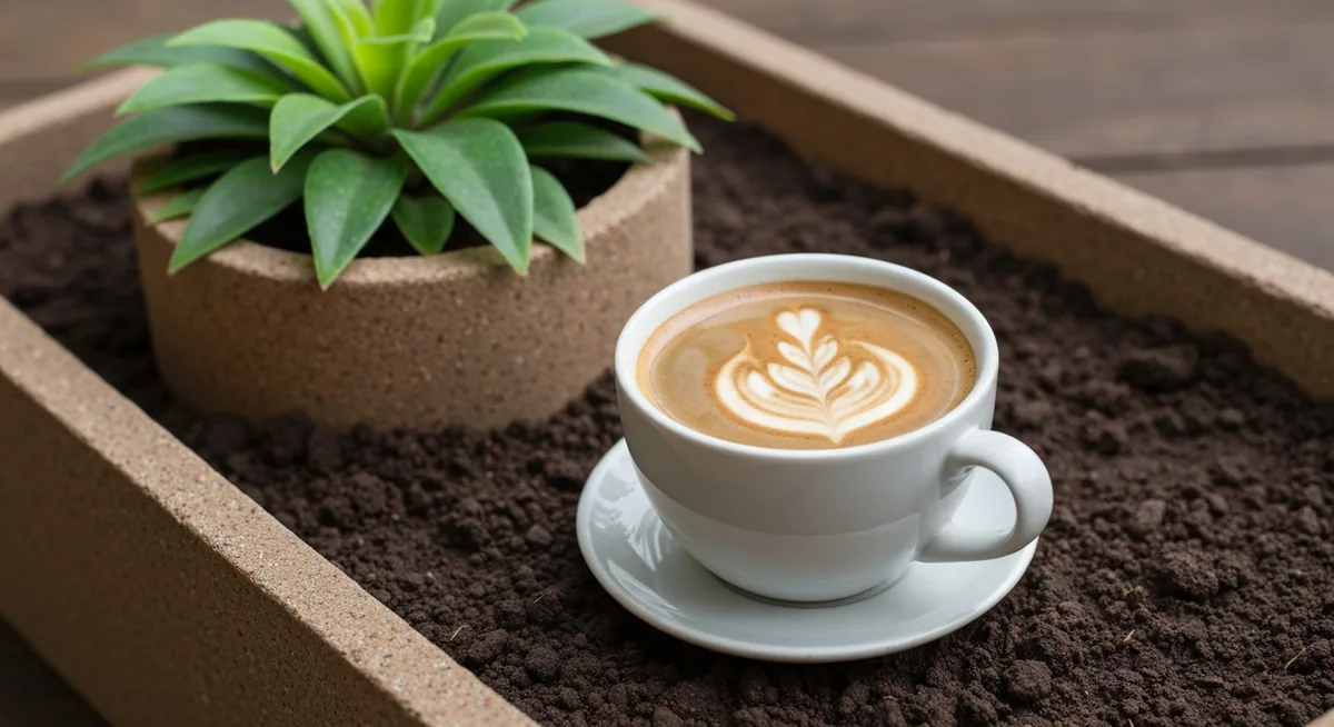 Xícara de café sobre terra de jardineira com planta
