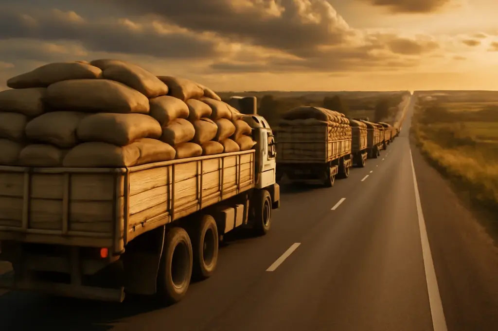 Fila de caminhões numa rodovia levando sacas de café ao horizonte