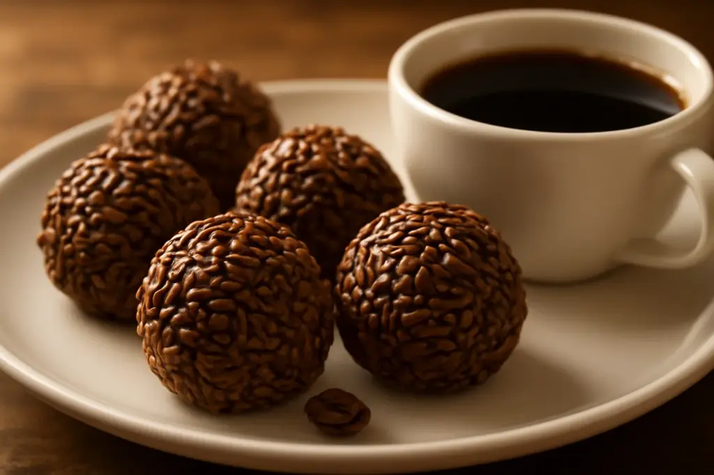 Brigadeiros de café enrolados num prato ao lado de uma xícara de café