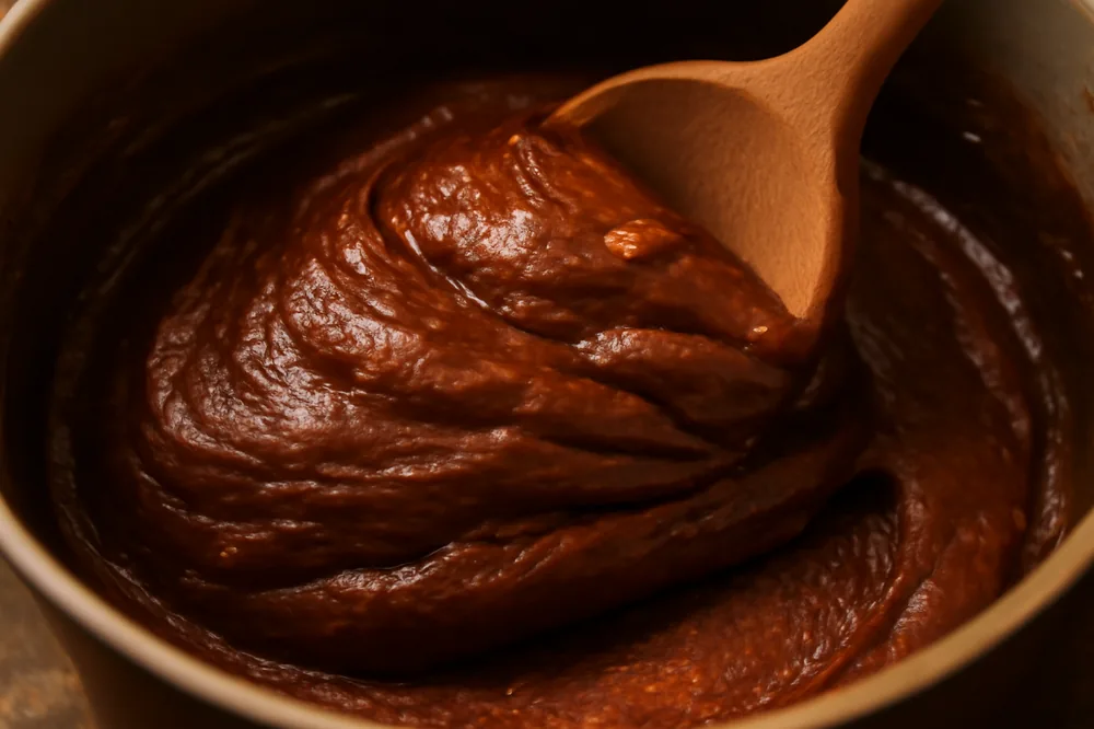 Panela com massa de brigadeiro de café no ponto, desgrudando do fundo