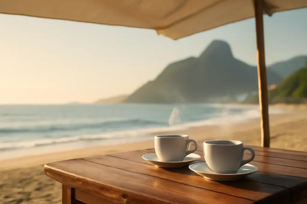 Mesa de quiosque de praia no Rio com duas xícaras de café fumegante e o mar ao fundo