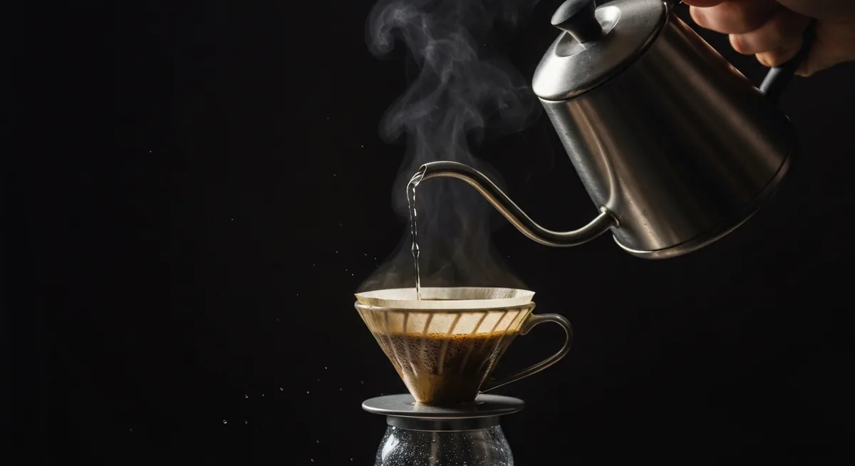 Bule de gargalo fino despejando água quente sobre filtro cônico de café