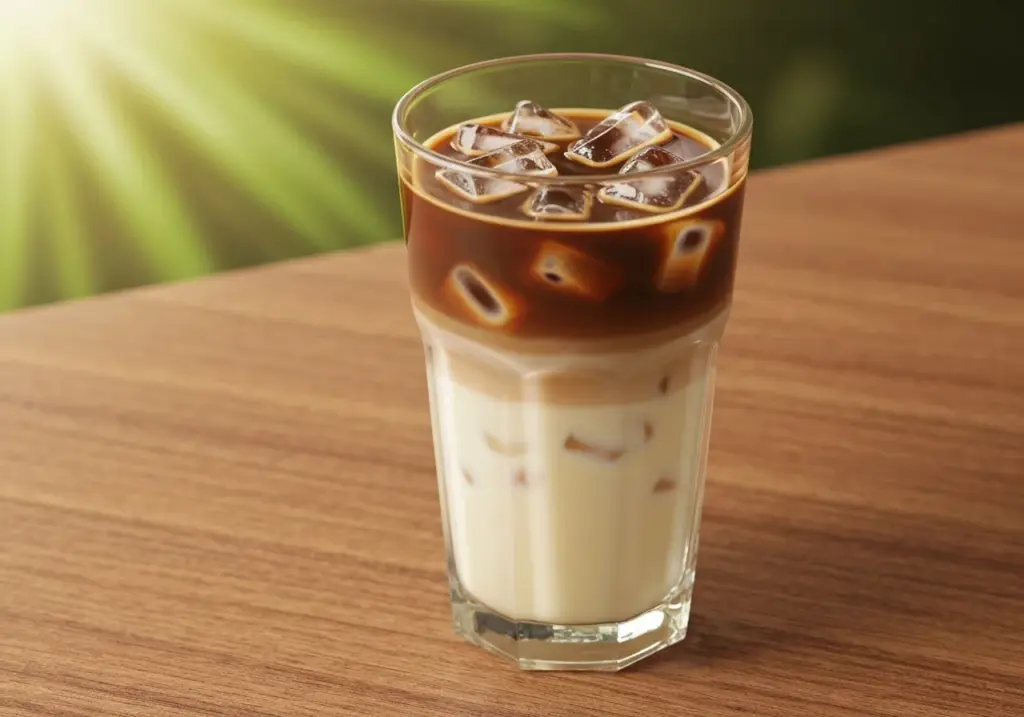 Copo alto de vidro com café gelado e leite condensado em camadas