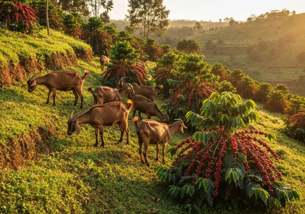 Cabras pastando entre arbustos de café carregados de cerejas vermelhas numa encosta da Etiópia