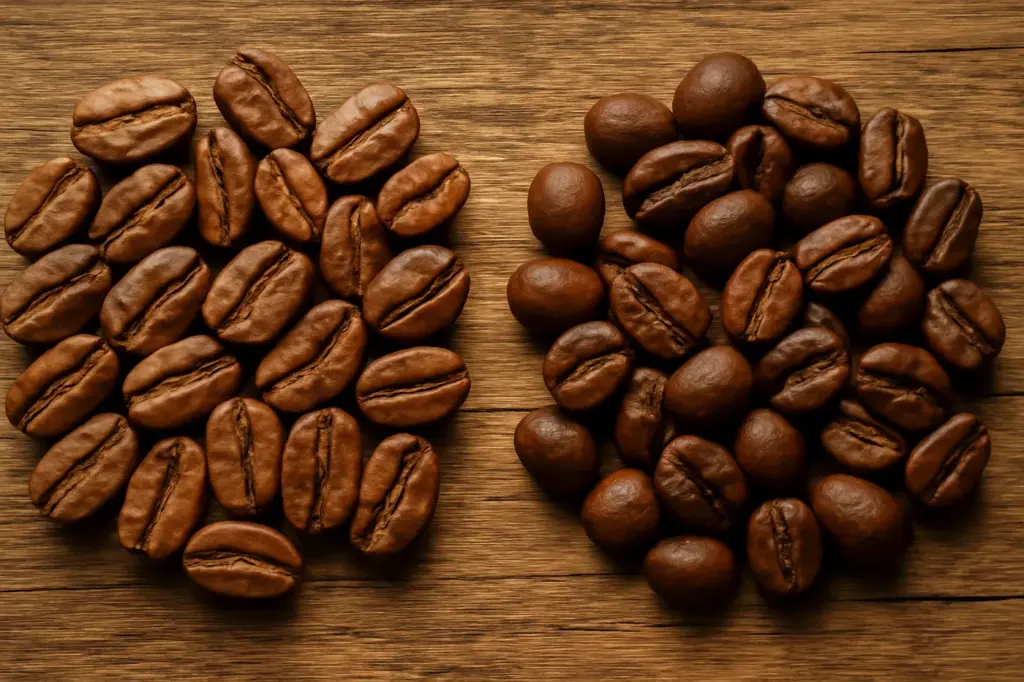Dois montinhos de grãos de café torrado lado a lado para comparar arábica e robusta