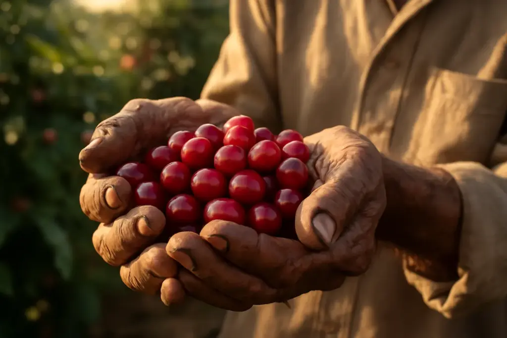 Mãos de agricultor segurando frutos vermelhos de café recém-colhidos