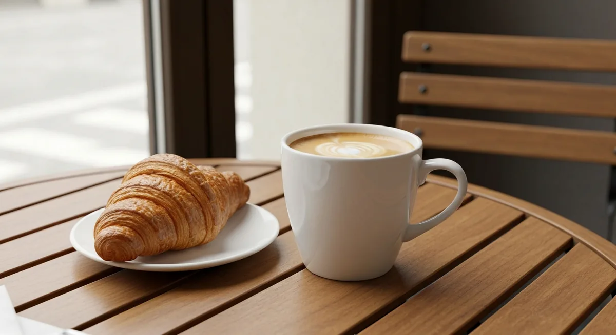 Café au lait com croissant em mesa de bistrô