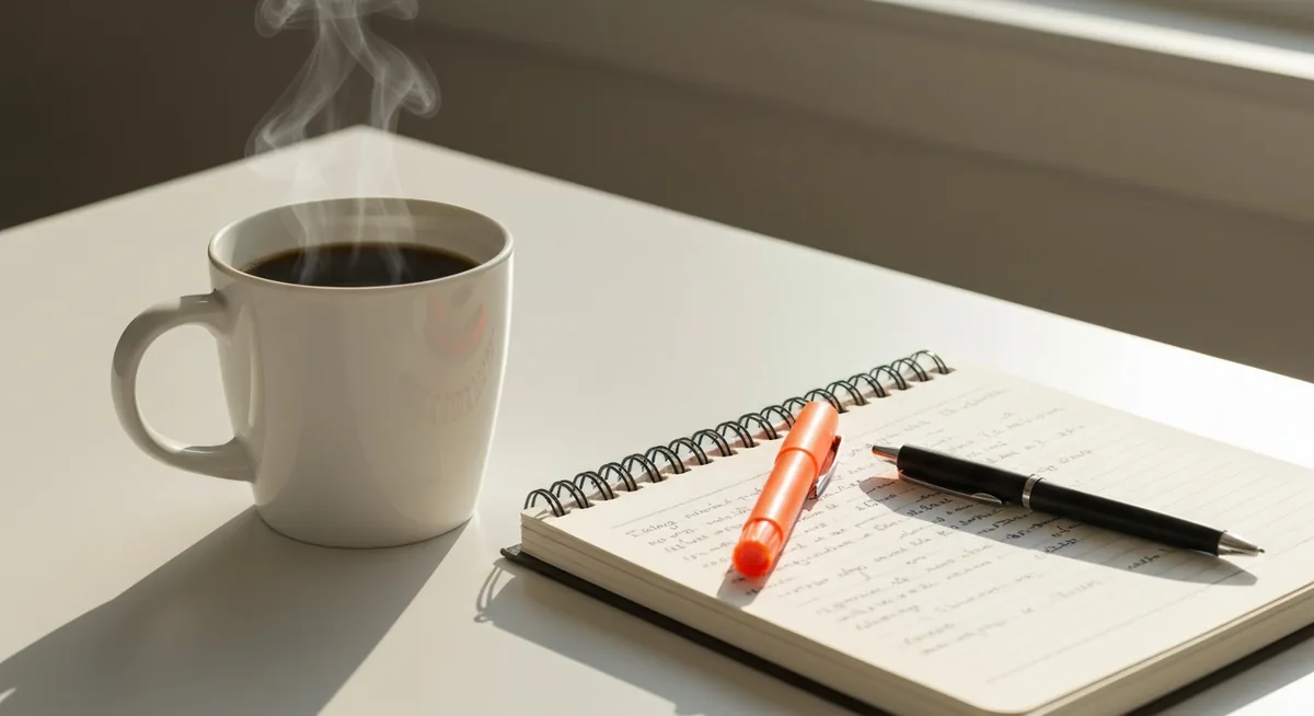 Caneca de café ao lado de caderno aberto com caneta, luz da manhã