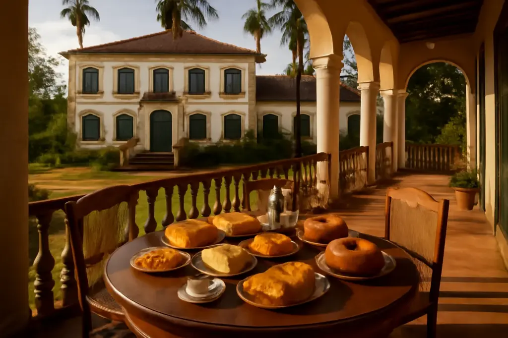 Casarão colonial de fazenda de café com uma mesa de café colonial farta na varanda