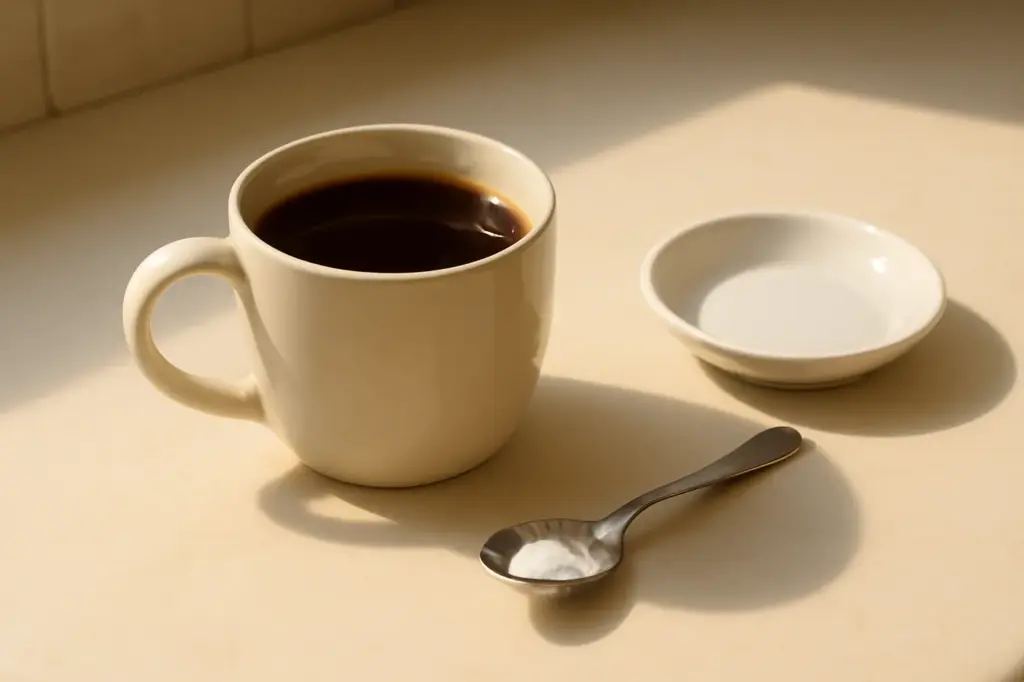 Xícara de café preto ao lado de uma colher com uma pitada de pó branco (bicarbonato)