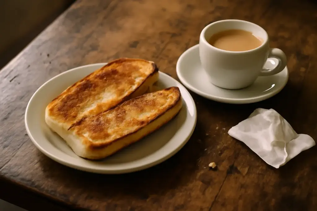 Pão na chapa com manteiga num prato ao lado de uma xícara de café numa mesa de madeira