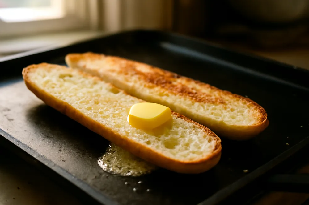 Pão francês aberto sendo tostado na chapa com manteiga derretendo