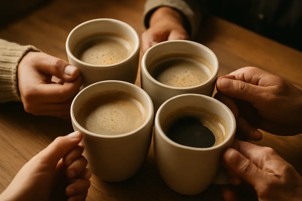 Mulheres conversando em volta de xícaras de café numa mesa