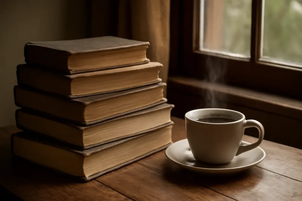Pilha de livros ao lado de uma xícara de café fumegante numa mesa aconchegante
