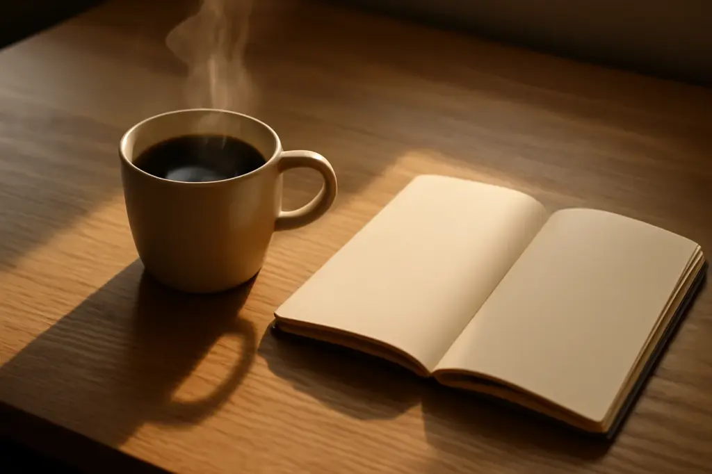 Xícara de café fumegante sobre uma mesa de trabalho com caderno aberto